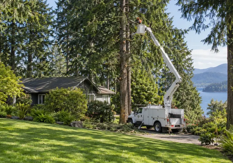 Bucket truck lifting a worker into tall trees beside a home